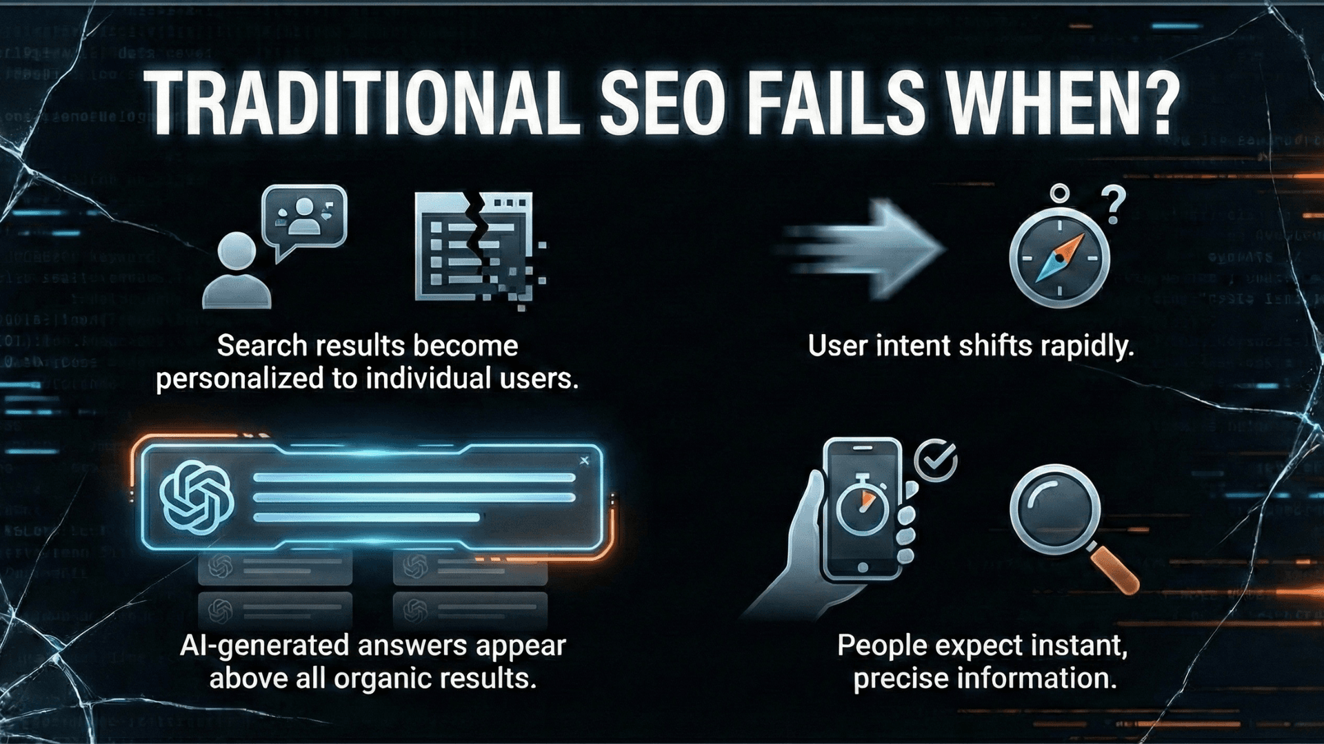 Traditional SEO fails when?